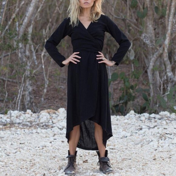 NWT Aya Sacred Wear Raw Cotton Black Wrap Dress Size Medium - Picture 3 of 12